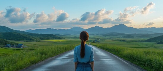 Wall Mural - a woman stands in the middle of an empty road looking at a beautiful mountainous landscape.