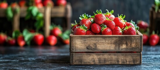 Poster - A wooden crate filled with fresh red strawberries, on a rustic wooden table.