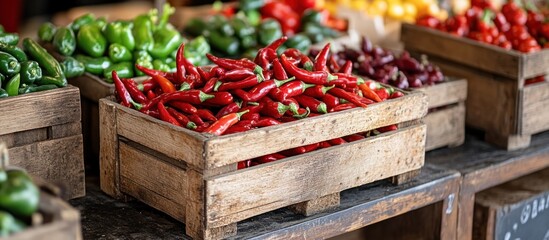 Sticker - A wooden crate full of bright red chili peppers sits on a table with other wooden crates of green and red peppers.