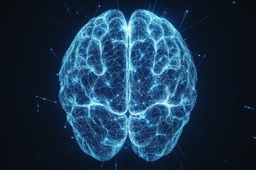 Poster - A digital rendering of a human brain as a glowing blue wireframe.