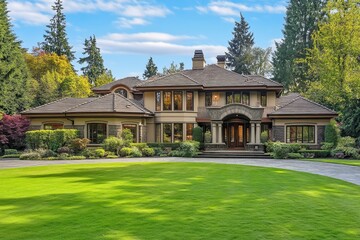 Wall Mural - A beautiful large house with a manicured lawn and a circular driveway.