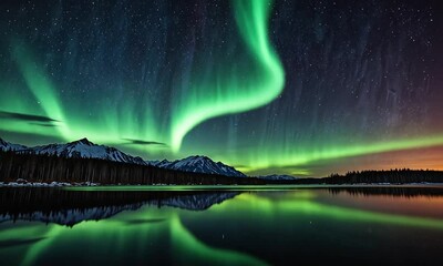 orthern lights aurora borealis in the night sky over beautiful lake landscape