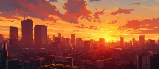 Wall Mural - Panoramic painting of a vibrant sunset over a modern downtown skyline showcasing the essence of a bustling cosmopolitan city