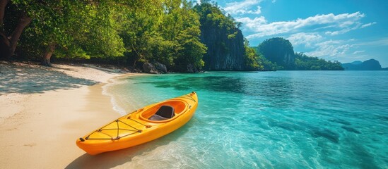 Wall Mural - A yellow kayak sits on a pristine white sand beach with crystal clear turquoise water and lush green vegetation.