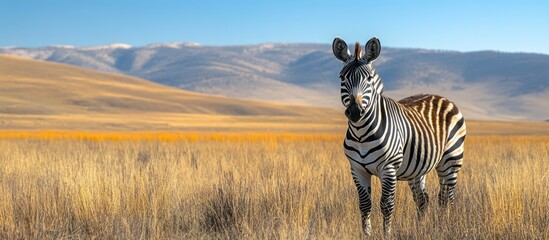 A zebra stands in a field of tall grass, looking directly at the camera, with a mountain range in the background.