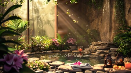 Canvas Print - A lush, tropical garden with a small pond and a stone wall. The pond is surrounded by flowers and plants, and there are candles and a towel nearby