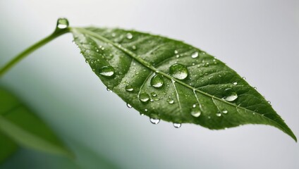 Close-up of green leaf with water droplets against blurred natural background