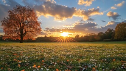 Wall Mural - sunset over a field of wildflowers with a lone tree in the foreground.
