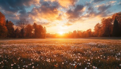 Wall Mural - a field of wildflowers bathed in the golden light of a sunset.