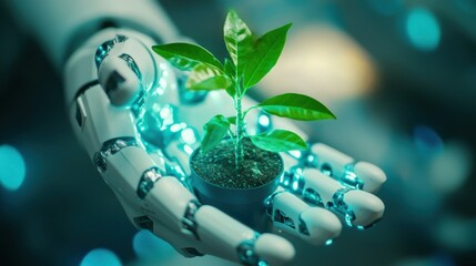 Robot hands nurturing a small green plant with holographic projections of sustainability goals