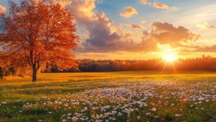 Wall Mural - beautiful sunset over a field of wildflowers with a single tree in the foreground.