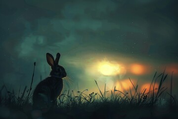 Sticker - A rabbit is sitting in the grass at dusk. The sky is dark and the rabbit is the only thing visible