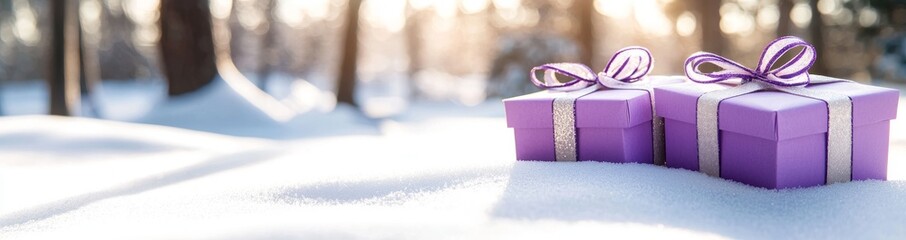 A panoramic banner featuring purple gifts and balls on snow with fir branches. Merry Xmas concept.