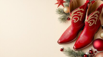 The boots and hat are on a tan background with copy space. A pair of brown and tan rustic cowboy boots and hat are laying on a tan background with copy space.