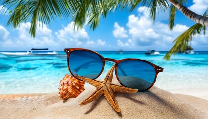 Tropical beach scene with sunglasses, starfish, and seashells, embracing summer relaxation by the vibrant blue ocean and sunlit sandy coastline