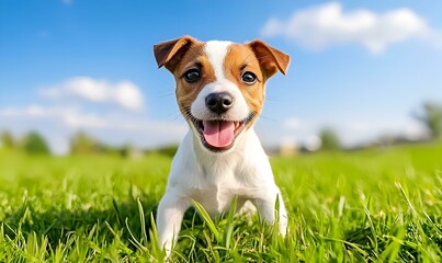 Joyful puppy frolicking in a sunlit meadow under a bright blue sky, surrounded by vibrant wildflowers and gentle breezes.