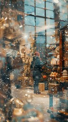 Poster - Christmas scene with gifts and a vintage holiday market overlaid using double exposure for nostalgia.