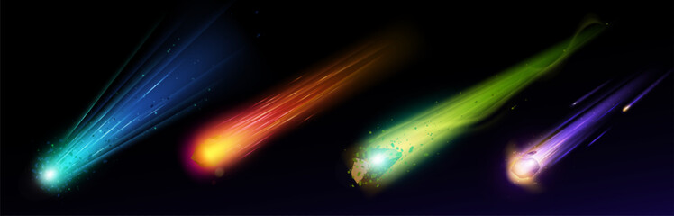Wall Mural - neon comets set isolated on black background. vector realistic illustration of asteroid rocks flying