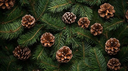 Festive christmas fir tree branches with pine cones creating a natural holiday background