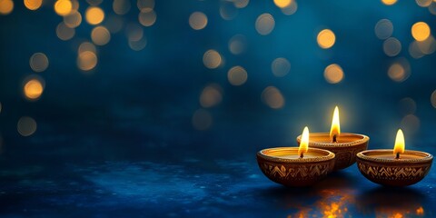 three intricately designed oil lamps lit with a warm glow, set against a blue background with bokeh 