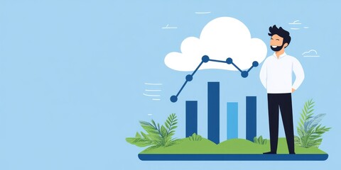 A businessman plots the company's growth and progress on a growth graph, analyzes financial and investment data, and draws business plans and strategies on a blue background.