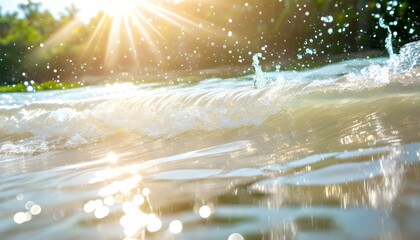 Wall Mural - Sunlit Water Drops Creating Sparkling Waves and Bokeh Effects in a Clear, Fresh Ocean Surface