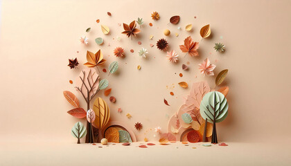 A minimalist paper-cut depiction of an autumn forest with trees and falling leaves