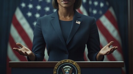 politician woman speaking at a podium, only the torso and hands visible