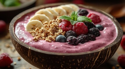 Delicious Smoothie Bowl with Berries, Banana and Granola