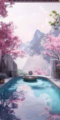 Poster - A serene and peaceful scene of a small pool with a boat floating on it, surrounded by trees and mountains. The water is calm and the atmosphere is tranquil