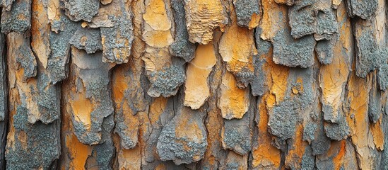 Close-up texture of tree bark with a pattern of orange and gray scales.