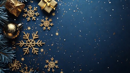 Wall Mural - festive christmas background with glittering snowflakes on navy blue winter backdrop