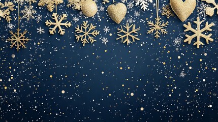 Wall Mural - festive christmas background with glittering snowflakes on navy blue winter backdrop