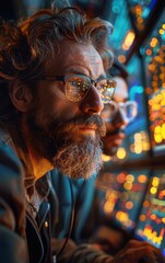 Wall Mural - Two men with glasses looking at a computer screen. The man on the left has a beard and the man on the right has glasses