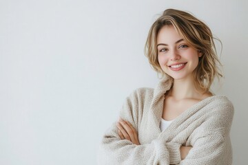 Young woman smiling with arms crossed, white isolate background