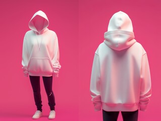 White hoodie template A 3D rendering of a sweatshirt with a hood long sleeves and cuffs shown from the front and back view Isolated on a clean contrast colorful background ideal for design mockups 