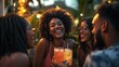 © Business Pics - Multiracial group of friends having fun at backyard home party Young people laughing together drinking cocktails at bar restaurant Focus on black woman : Generative AI