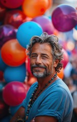 Wall Mural - A man is smiling in front of a bunch of colorful balloons. The balloons are in various colors, including red, blue, and purple. The man is wearing a blue shirt and a necklace