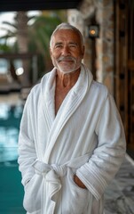 Poster - A man in a white robe stands in front of a pool. He is smiling and he is enjoying himself