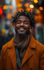 Wall Mural - A man with dreadlocks is smiling and wearing a brown scarf. He is standing in front of a building with a red sign