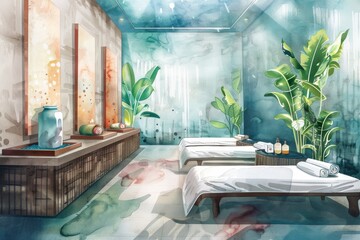 Sticker - Tranquil spa environment illustrated with flowing watercolor hues.