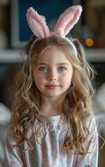 Canvas Print - A young girl with long blonde hair and a pink bunny headband. She is smiling and looking at the camera