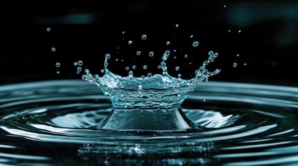 Close-Up of Water Droplet Splashing in Dark Background with Ripples and Droplets in Motion