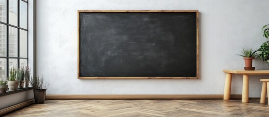 Poster - Empty Chalkboard in a Room with Wooden Floor and a Window.