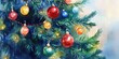 © Cloudyew - Watercolor depiction of a Christmas tree with colorful garlands and baubles.