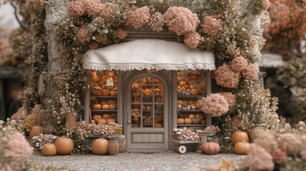 Canvas Print - A store front with flowers and pumpkins on display