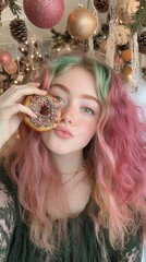 Sticker - A woman with pink hair holding a donut in front of her face