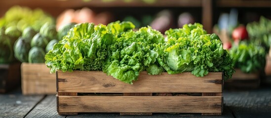 Wall Mural - Fresh green lettuce in a wooden crate on a rustic table.