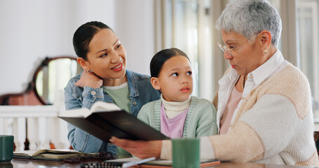 Poster - Mom, kid and grandmother with bible in home for generations, worship and growth in Christian religion. Family, women and girl with scripture at table for gospel, teaching and education of Holy Spirit