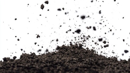 Dynamic view of soil dirt particles scattering and flying in mid-air against a clean white background.